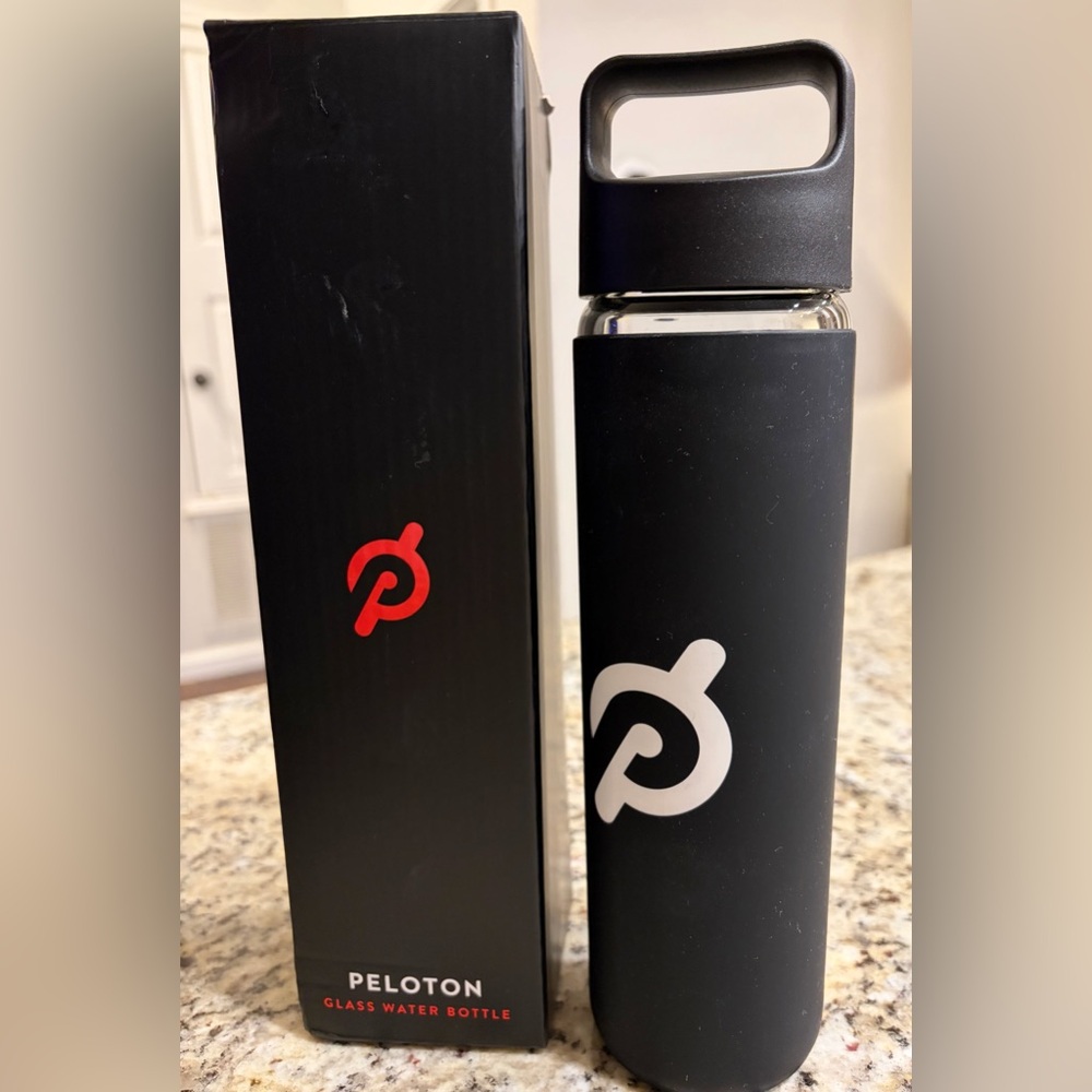 Peloton Black Glass Water Bottle with Red Accent